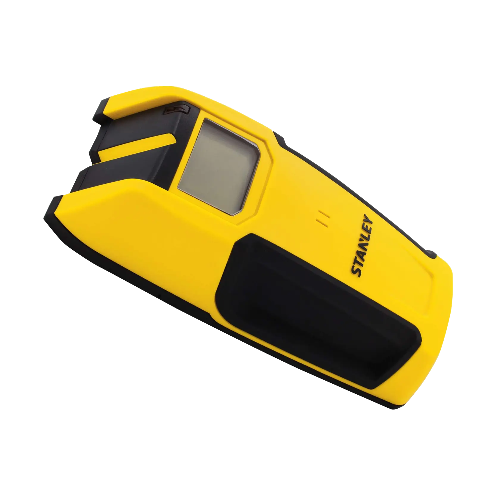 Stanley buscador de vigas electrónico, vista lateral en ángulo sobre fondo blanco, cuerpo amarillo y negro con pantalla digital