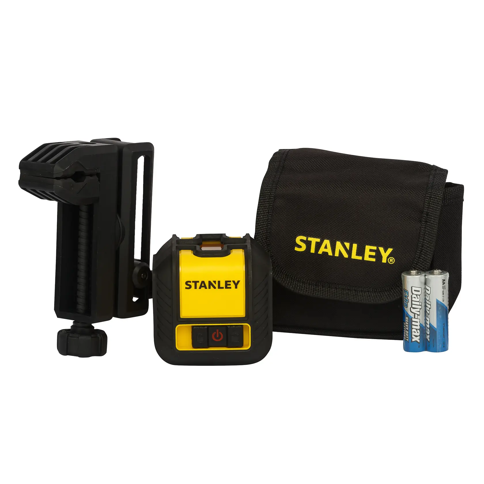 Stanley detector de vigas amarillo y negro, ángulo frontal, muestra botón de encendido y luces indicadoras.