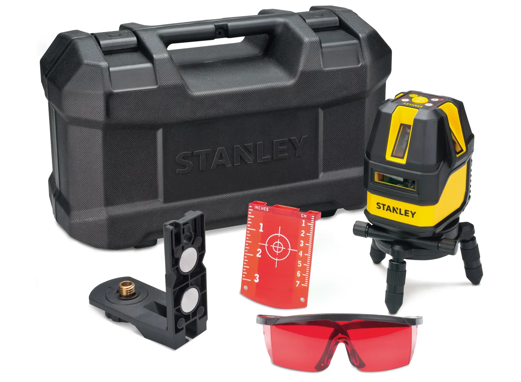 Fotografía del kit de nivel láser STANLEY STHT77512-LA con estuche negro, trípode, gafas rojas, soporte y tarjeta de objetivo, ángulo frontal.