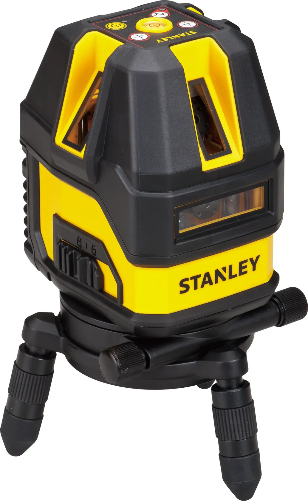 Nivel láser STANLEY STHT77512-LA con tres patas ajustables, cuerpo amarillo y negro, ángulo frontal sobre fondo blanco.