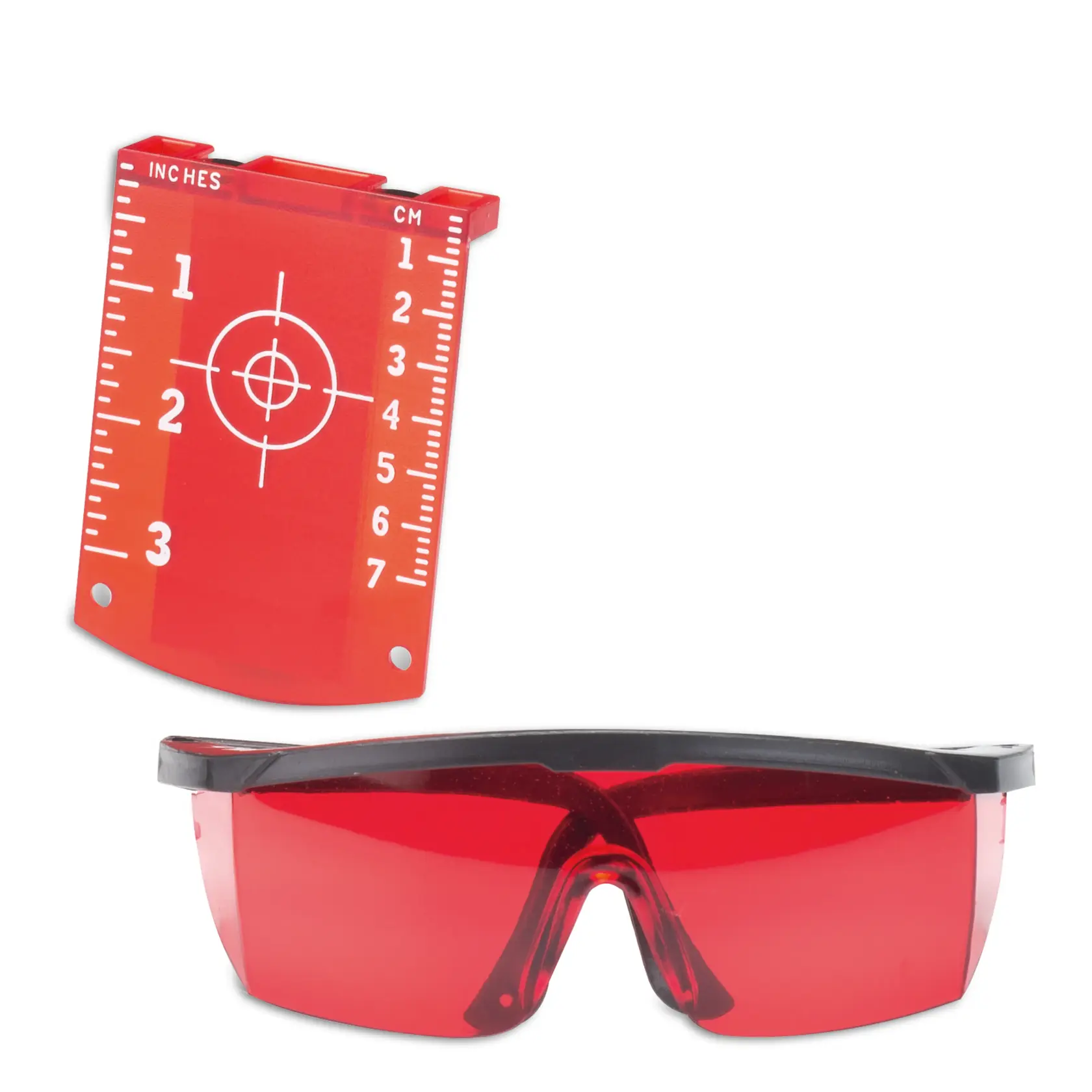 STANLEY STHT77512-LA placa de objetivo láser roja y gafas de seguridad rojas, ángulo frontal, producto fotográfico.