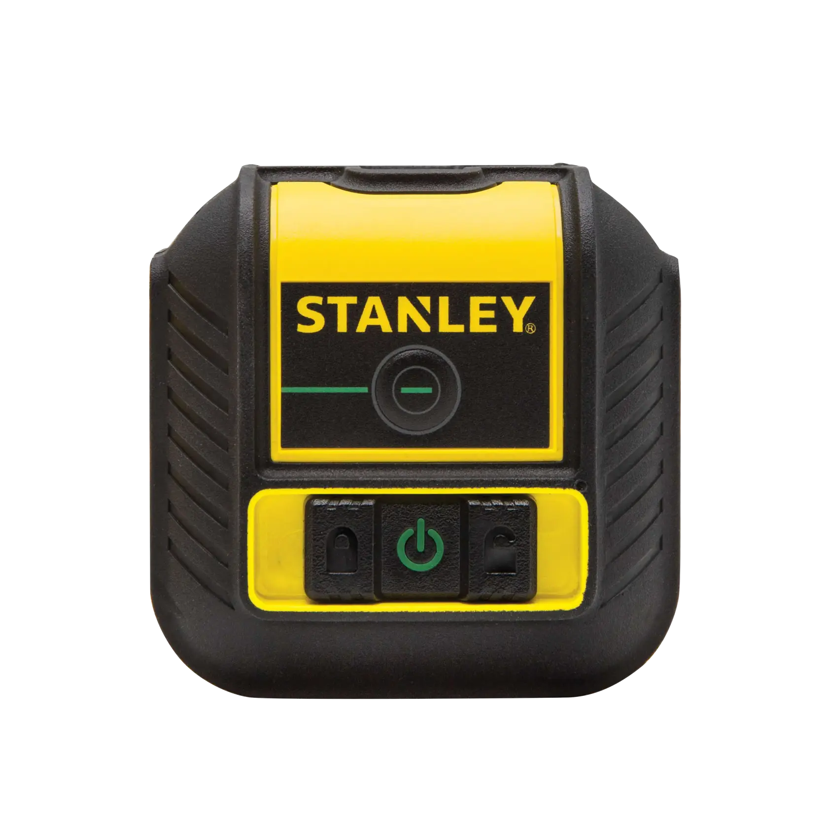 Vista frontal del nivel láser STANLEY, carcasa amarilla y negra con botones de control y logotipo