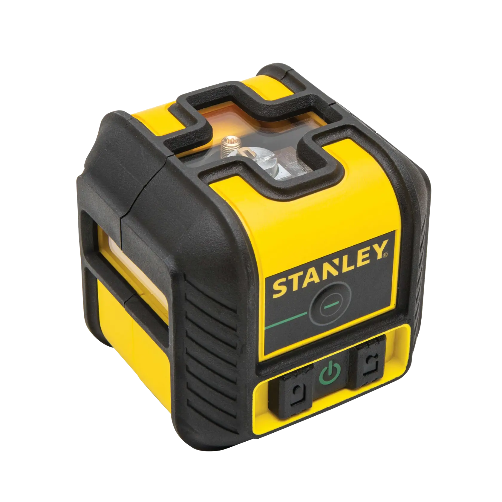 Ángulo frontal del nivel láser de línea cruzada autonivelante STANLEY amarillo y negro sobre fondo blanco