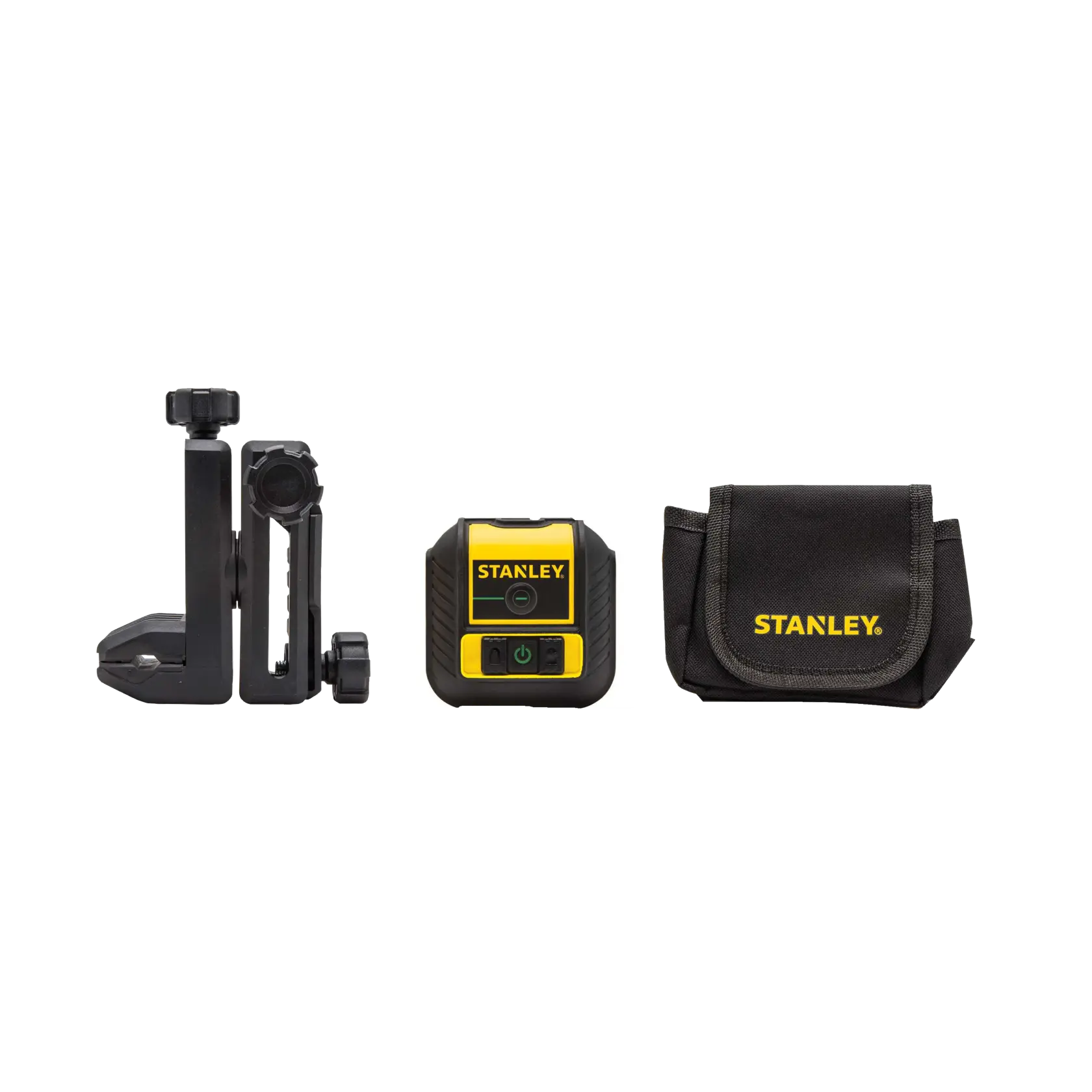 Ángulo frontal del kit de nivel láser STANLEY con soporte de montaje y estuche negro sobre fondo blanco