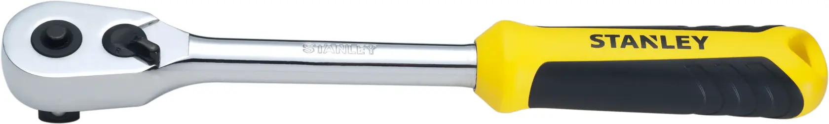 Llave de carraca STANLEY STMT73984 con mango amarillo y negro, vista lateral, sobre fondo blanco.