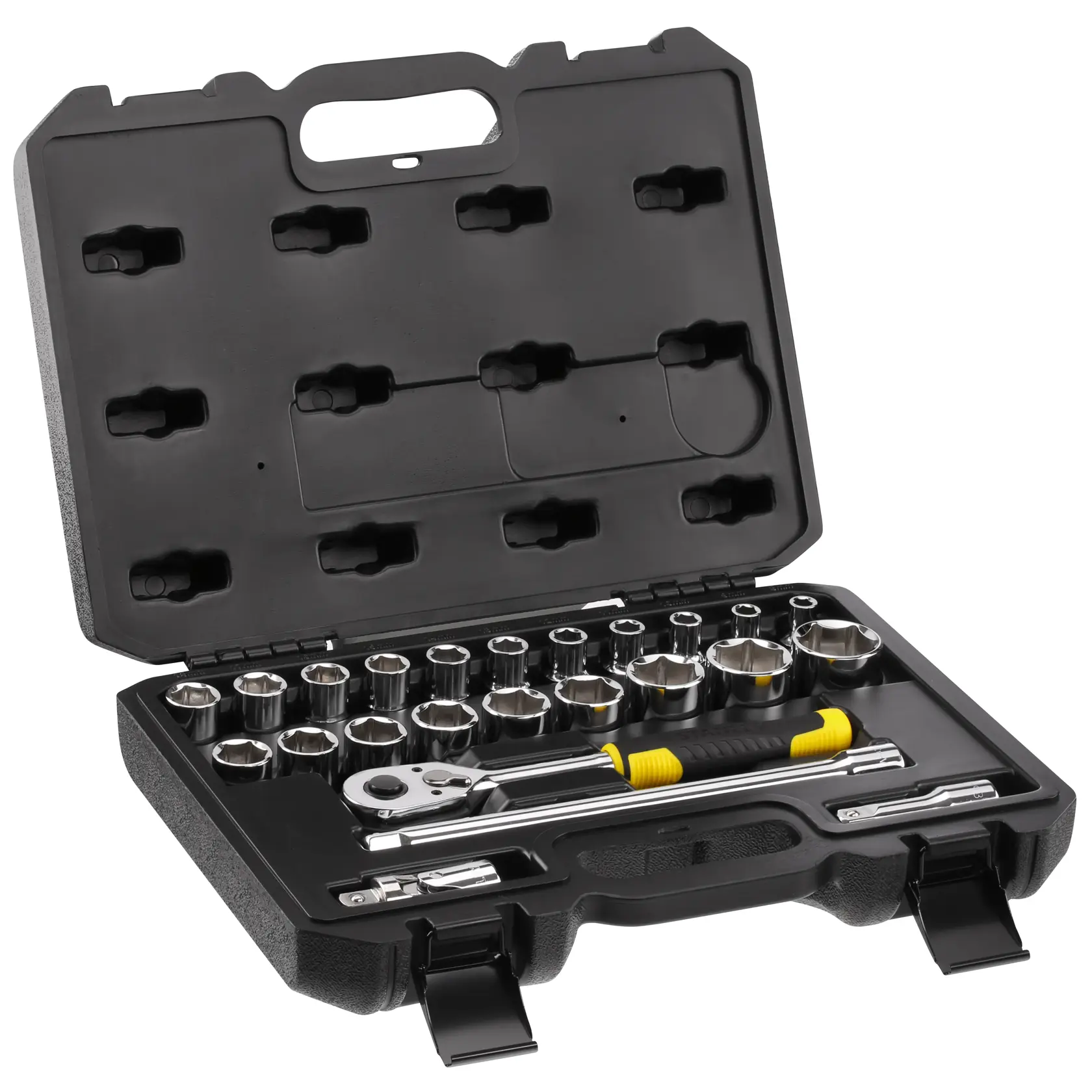 STANLEY STMT82830-1 juego de dados en estuche negro con carraca y dados, vista en ángulo sobre fondo blanco.
