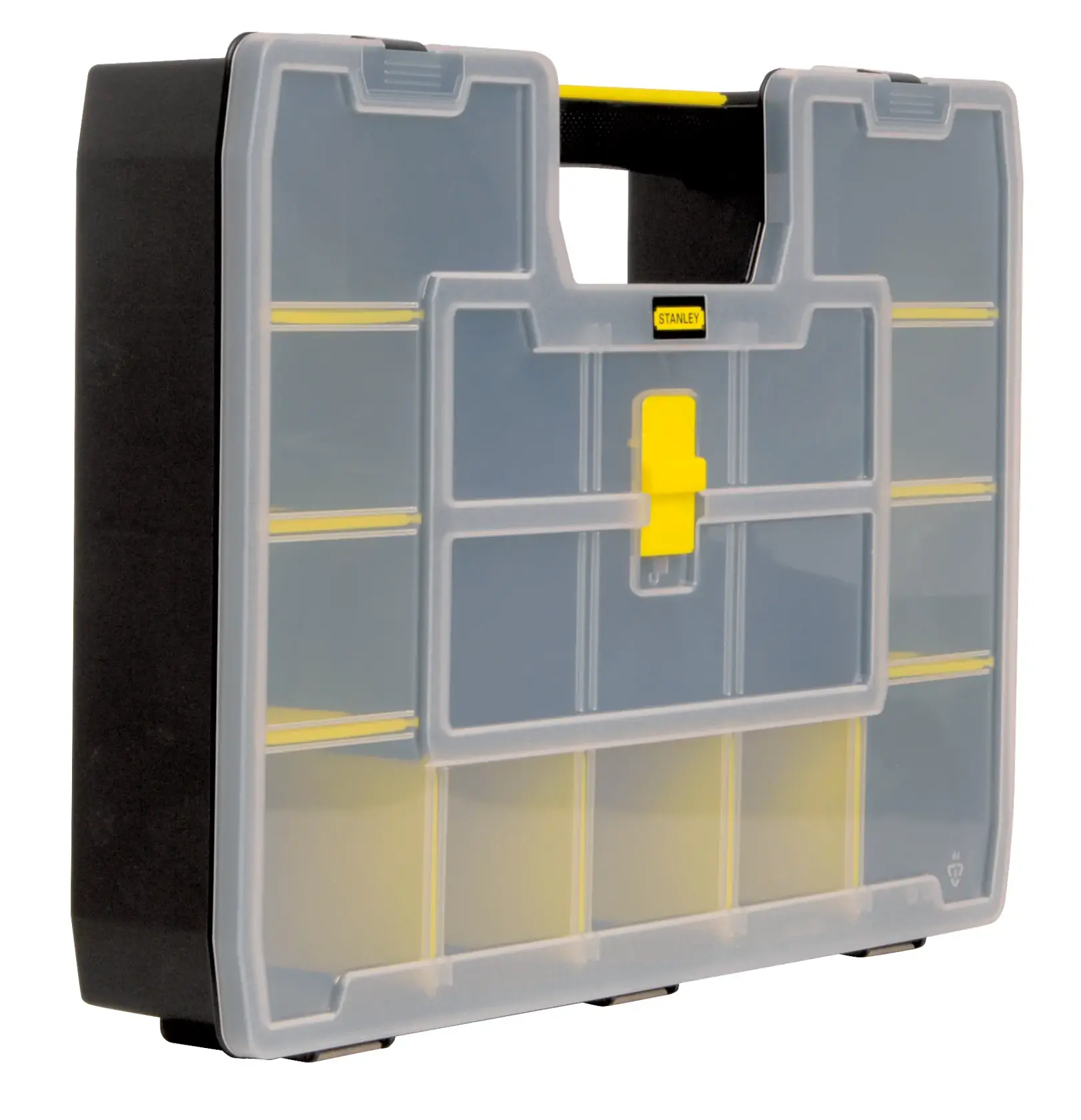 STANLEY STST14026 caja organizadora con tapa transparente, compartimentos negros y amarillos, ángulo frontal.