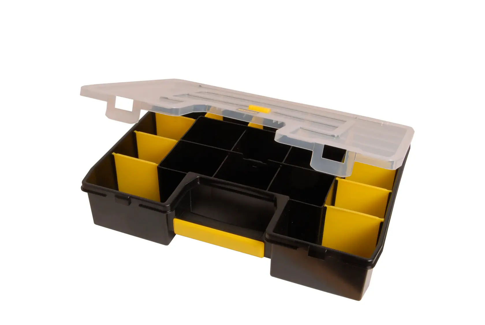 STANLEY STST14026 organizador negro y amarillo de plástico con tapa transparente, ángulo frontal, varios compartimentos.