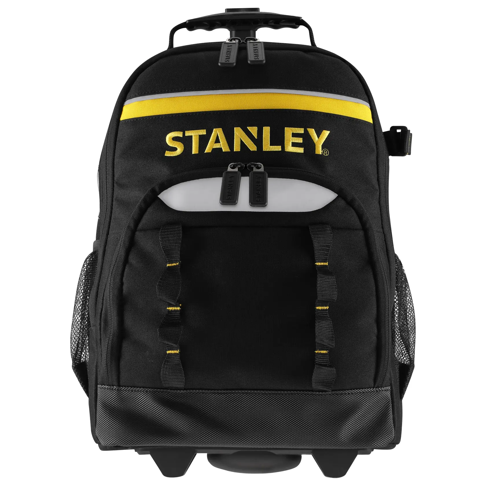 Fotografía de la mochila con ruedas negra STANLEY STST83307-1 con detalles amarillos, ángulo frontal.