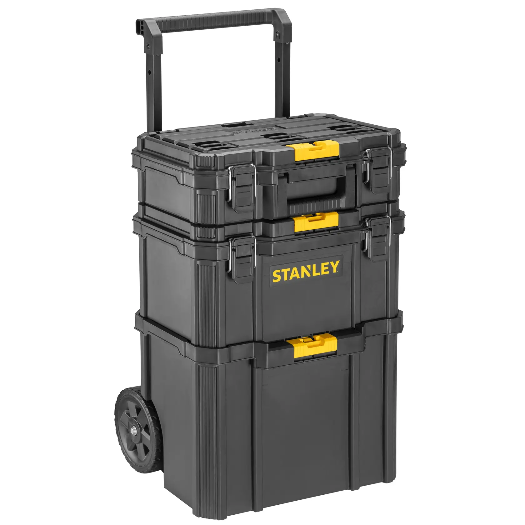 Stanley STST83319-1 baúl de herramientas rodante, negro con cierres amarillos, ángulo frontal, producto fotográfico.