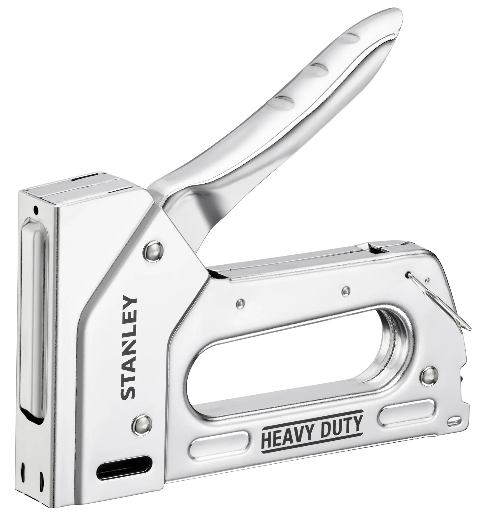 Grapadora metálica Stanley heavy duty vista lateral sobre fondo blanco