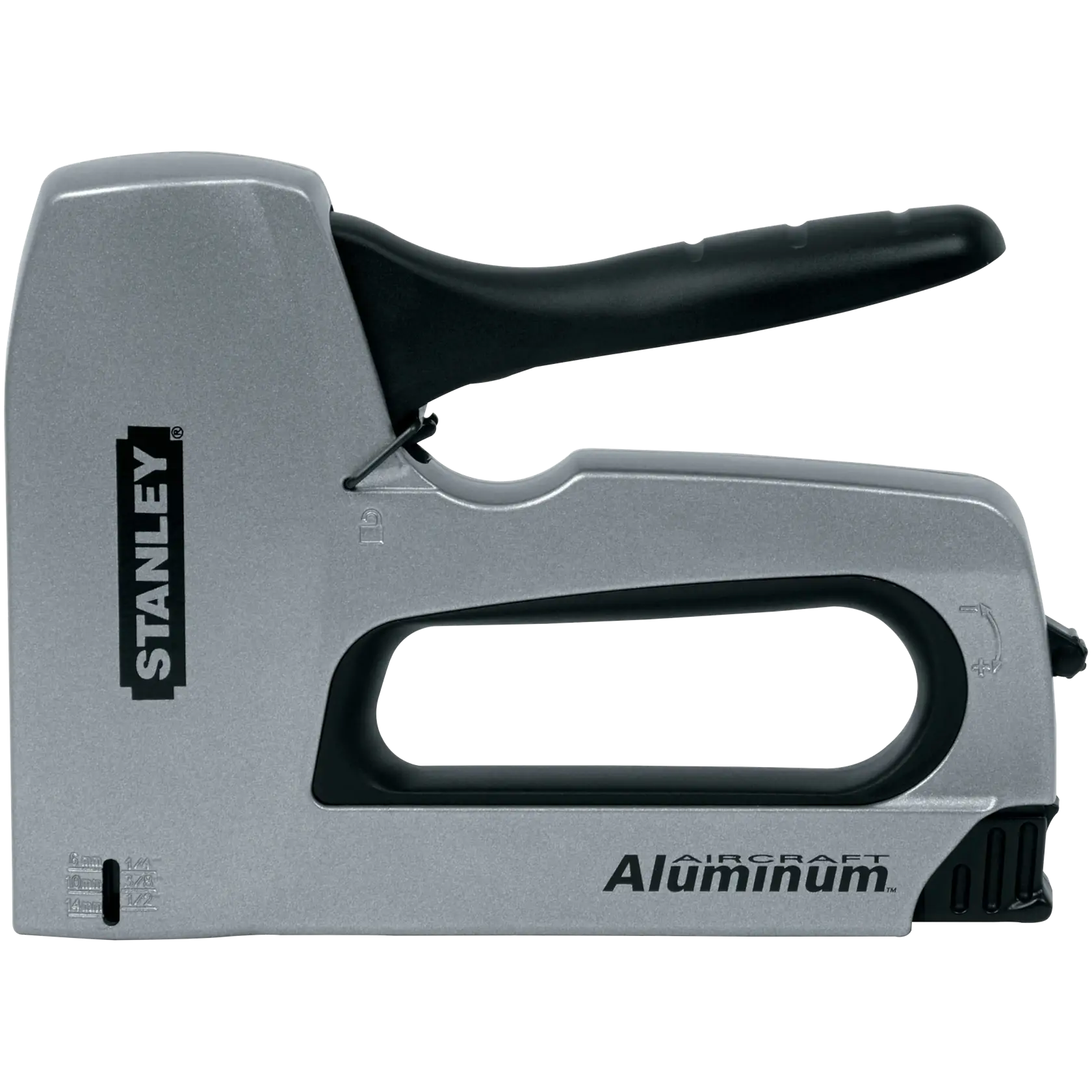 Engrapadora de aluminio para aviones Stanley vista lateral, cuerpo plateado, mango negro, fondo blanco