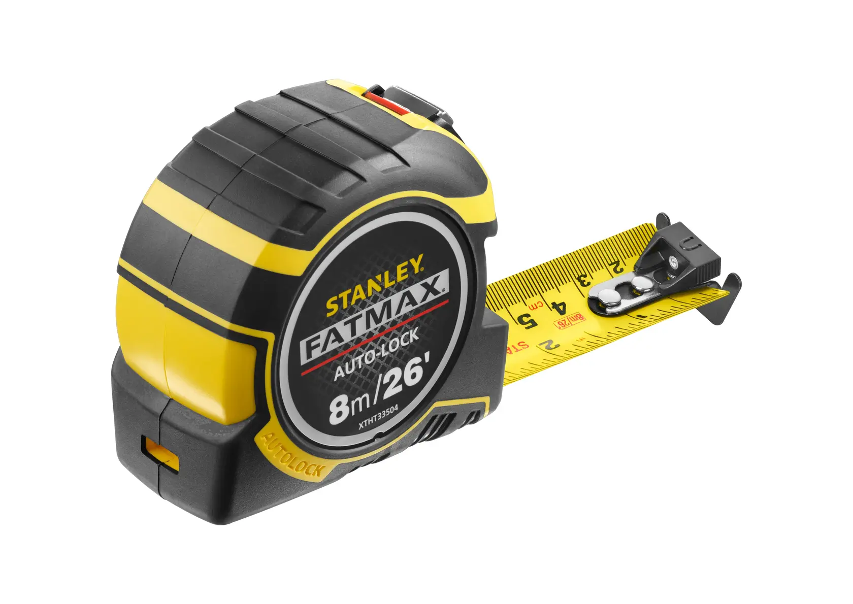 Stanley XTHT0-33504 FatMax cinta métrica, negra y amarilla, vista lateral sobre fondo blanco.