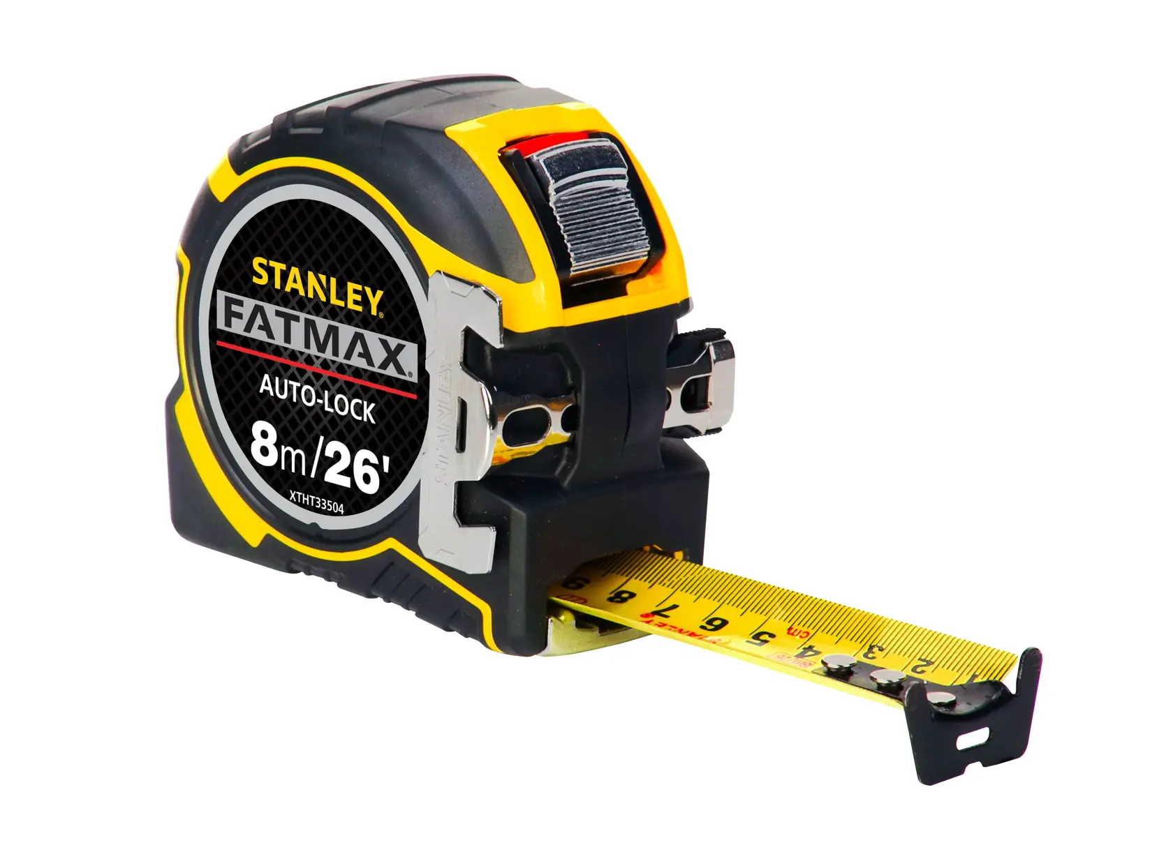 Fotografía de la cinta métrica STANLEY XTHT0-33504 FATMAX 8m/26', negra y amarilla, vista lateral.