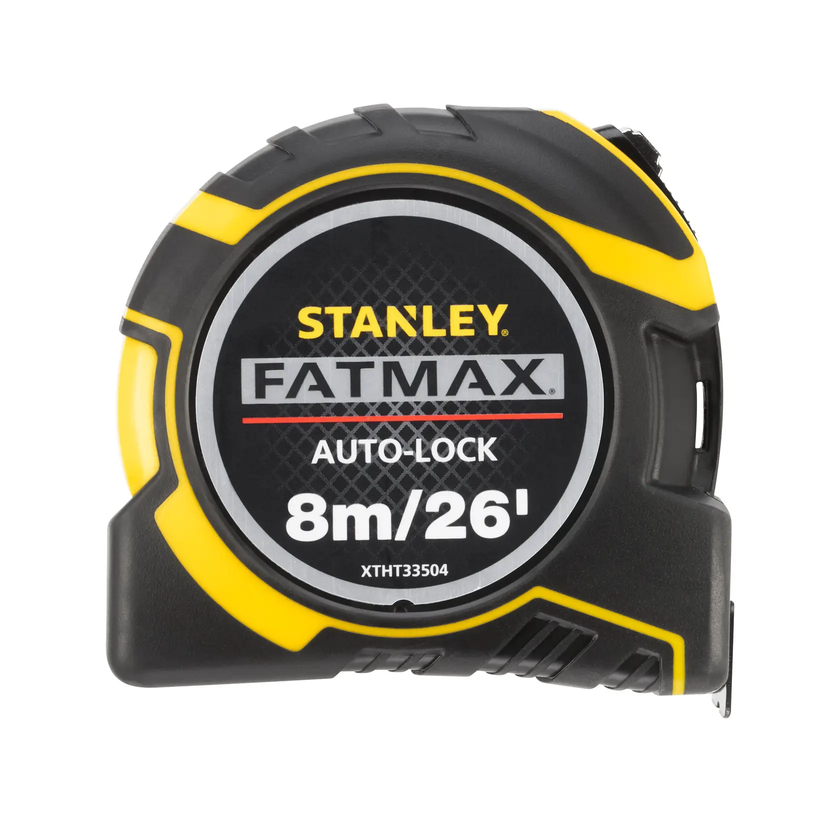 Stanley XTHT0-33504 FATMAX 8m/26' cinta métrica auto-lock vista frontal sobre fondo blanco